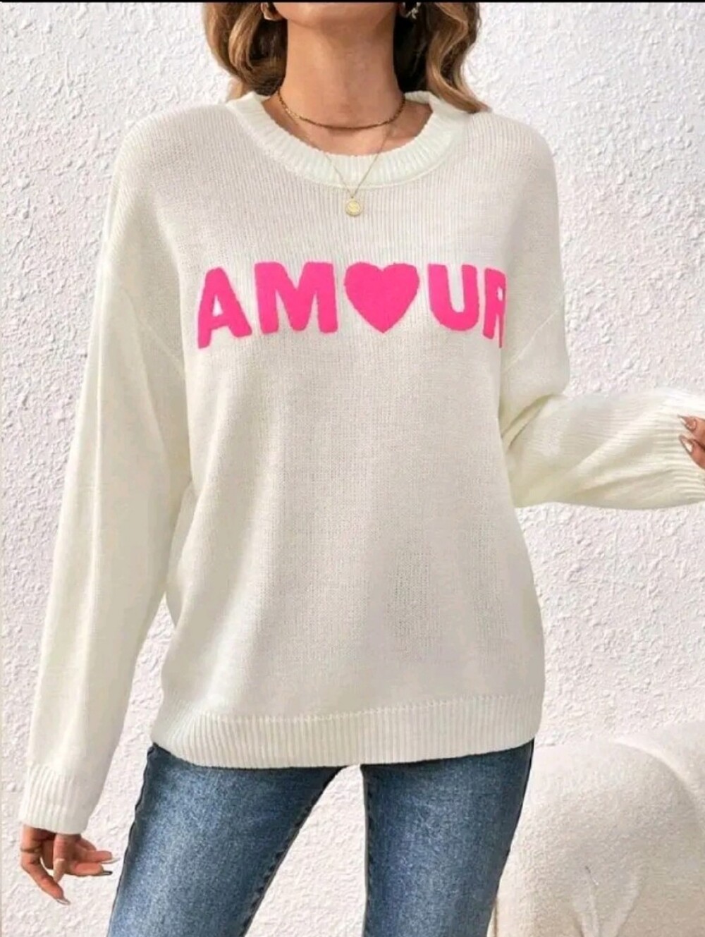 Amour Heart Graphic Sweater - White with Pink Lettering